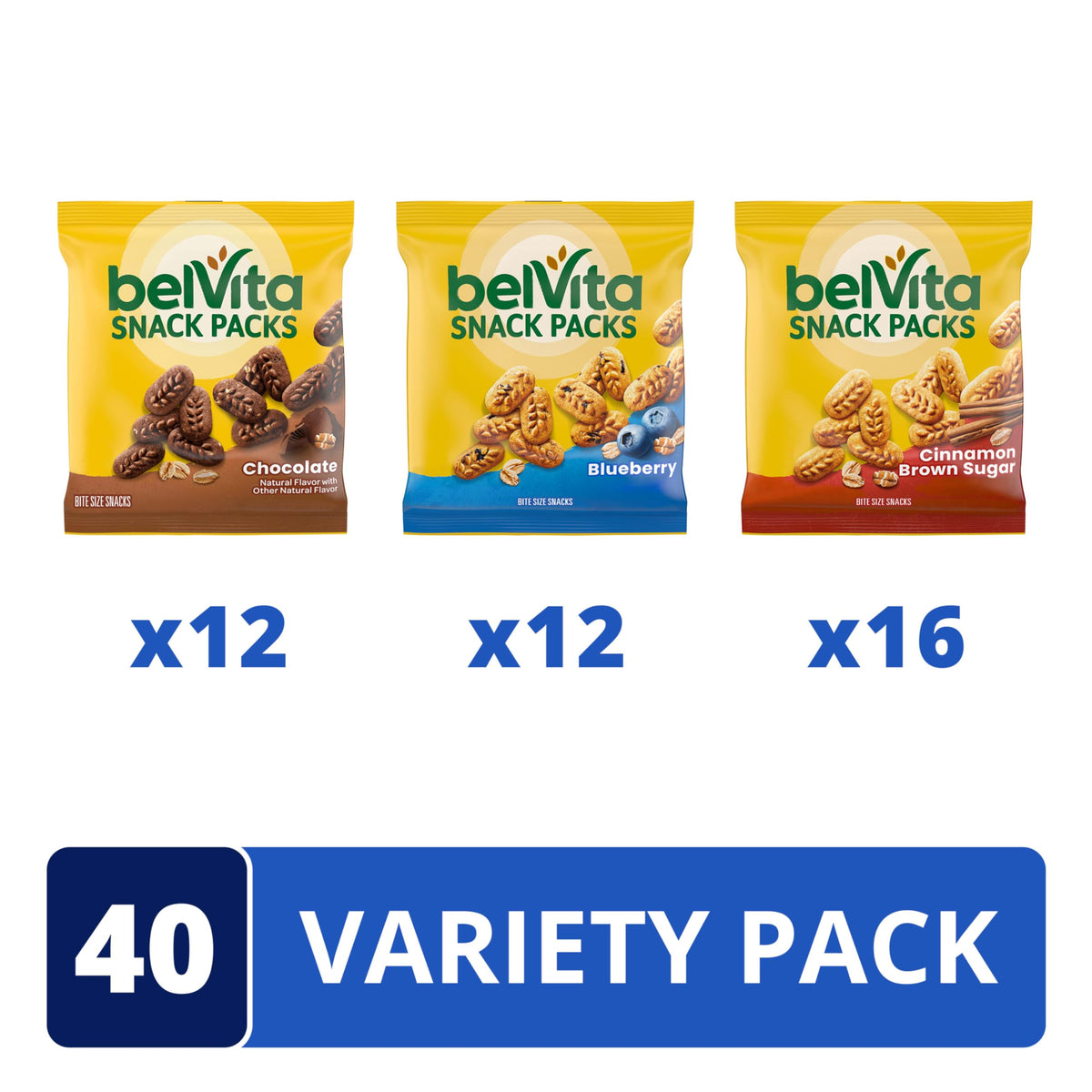 belVita Crunchy Bite Size Snacks Variety Pack, 3 Flavors, 40 Snack Packs