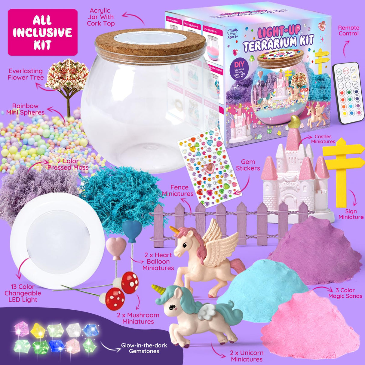 Unicorn Terrarium Crafts Kit for Kids: LED Night Light-Up DIY Toys with Remote – Fun Birthday Gifts for Girls Ages 5 6 7 8 9 10 Years Old – Creative Arts & Crafts Activity Set, Christmas Gift