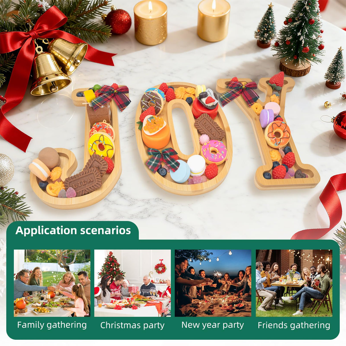Nsoyos 3PCS Bamboo Christmas Decorations Letters Charcuterie Board Box-(with 14 Balloons and Bow) Joy Charcuterie Letters Fillable Food Christmas Party Supplies Table Decoration Food Tray Platter