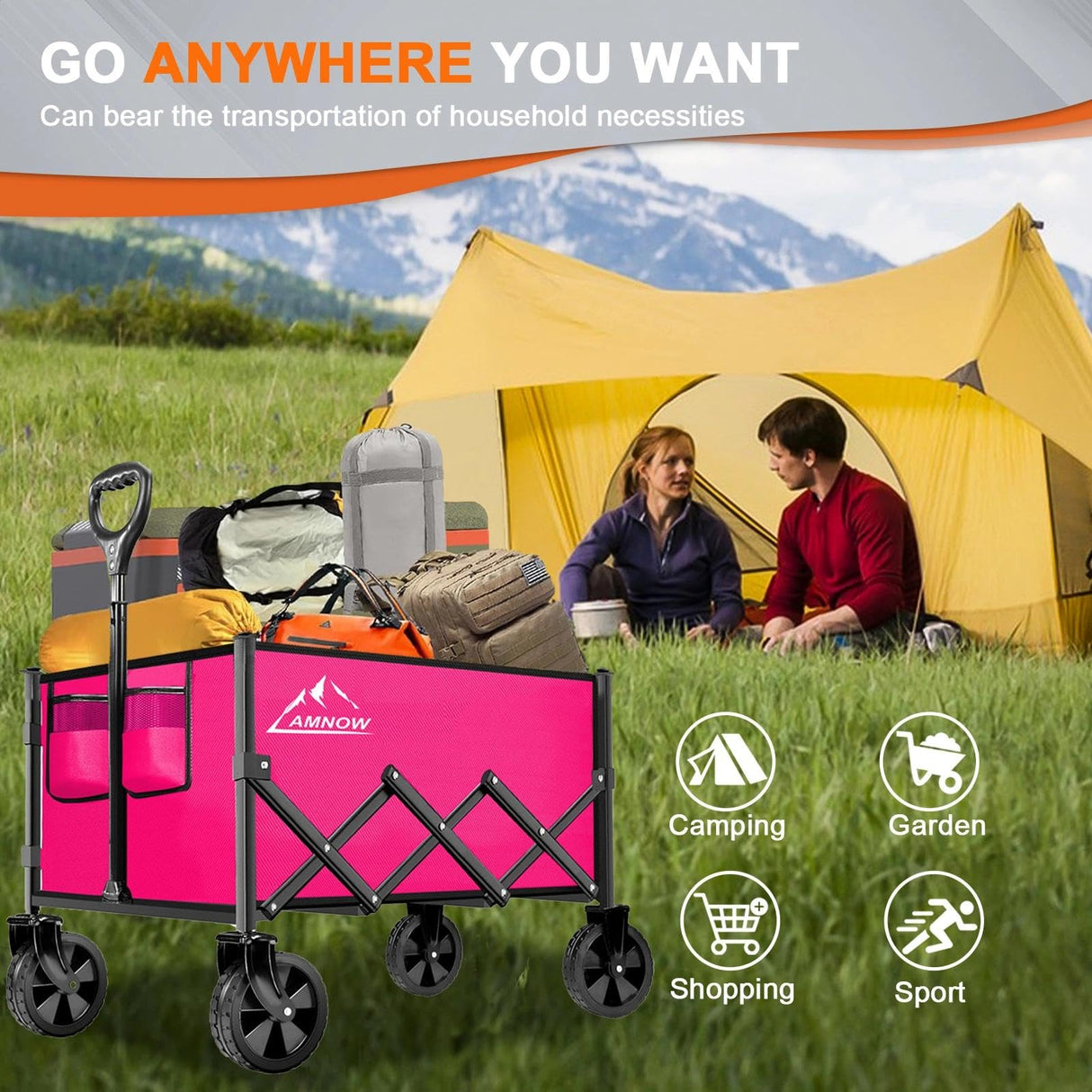 AMNOW 100L Collapsible Wagon Cart with All Terrain Wheels, 350LBS, Rose