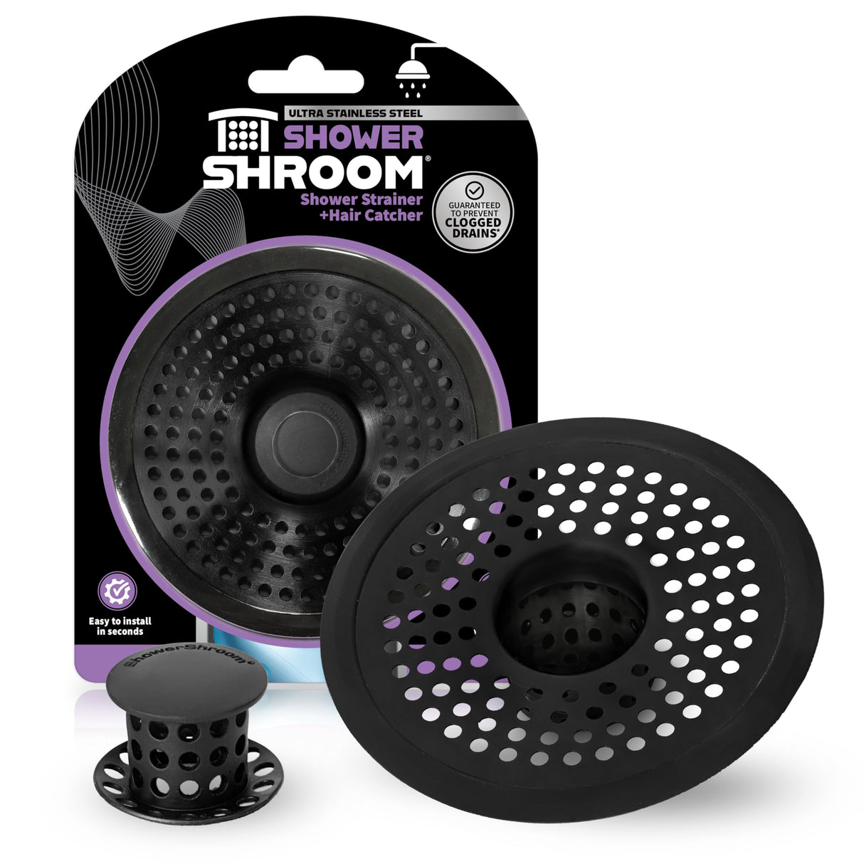 ShowerShroom Ultra Matte Black Hair Catcher, Stainless Steel Drain Protector, Fits All Shower Drains