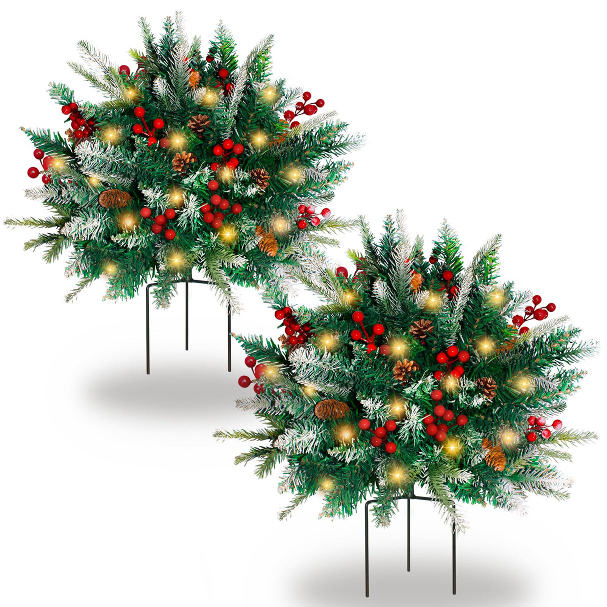 2 Pack Lighted Artificial Christmas Urn Filler, Battery Operated Pre-lit Xmas Pine Trees, Tripod Stake and 60 LED Lights, Holiday Porch Decorations for Porch, Yard, Garden, Flower Beds(Warm White)