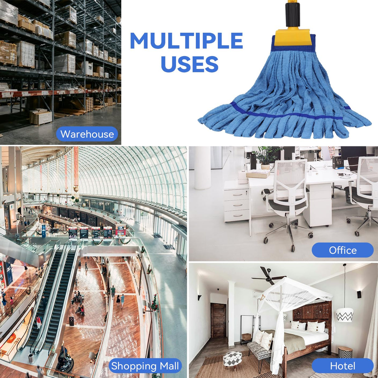 Heavy Duty Commercial Mop Head Replacement Microfiber Tube Mop Heads for Floor Cleaning: 3 Packs Looped End Wet Mop Head Refill for Home Commercial Industrial Use (Blue)