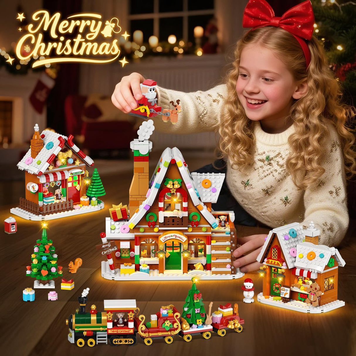 PLAXSOON Christmas Gingerbread House Village Mini Building Set with Lights, 1955 PCS Holiday Village Building Block Toy with Xmas Tree Train Santa for Home Decor, Gift for Adults Kids Girls Boys 14+