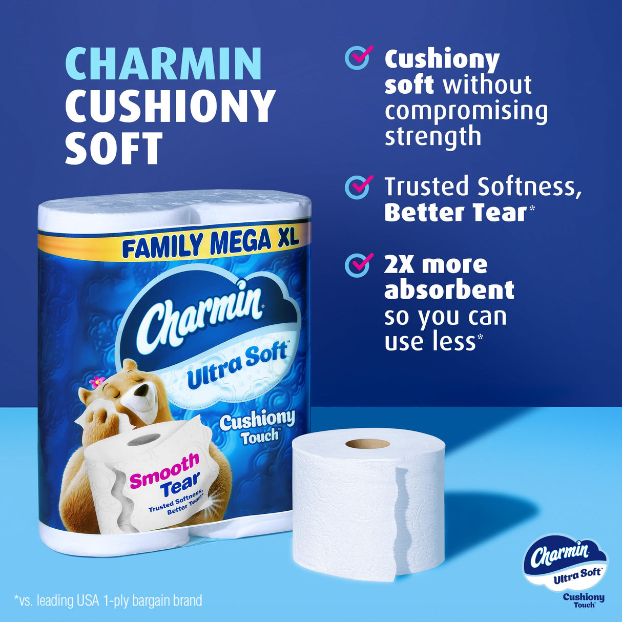 Charmin Toilet Paper Ultra Soft Cushiony Touch, 18 Family Mega XL Rolls = 126 Regular Rolls