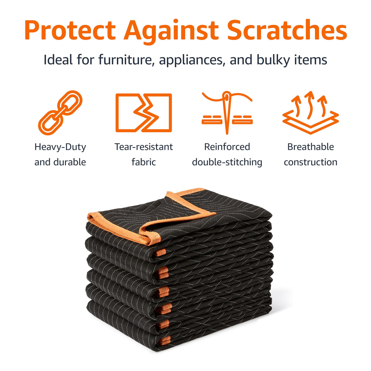 Amazon Basics Reinforced Tear-Resistant Moving Blankets, 72" x 80", Black, 6-Pack
