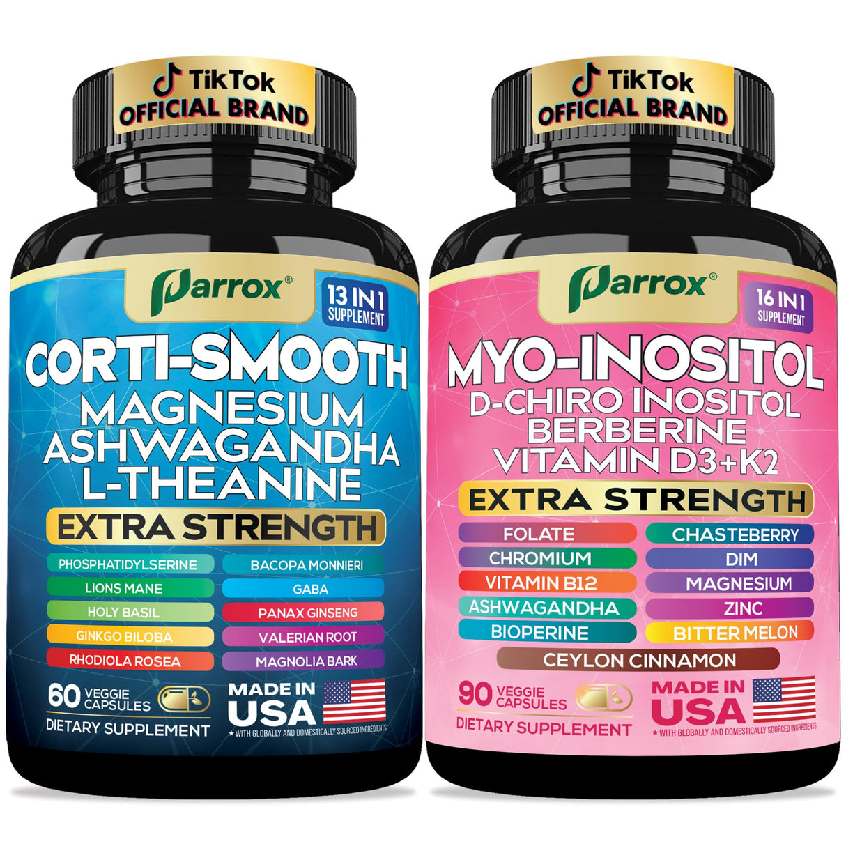 Parrox Cortisol & Myo-Inositol Supplement Bundle, Soothe & Smooth Bundle, 13-in-1 Cortisol Balance, Magnesium, Ashwagandha, L-Theanine, D-Chiro Inositol, Folate, Berberine, Chasteberry (150 Capsules)