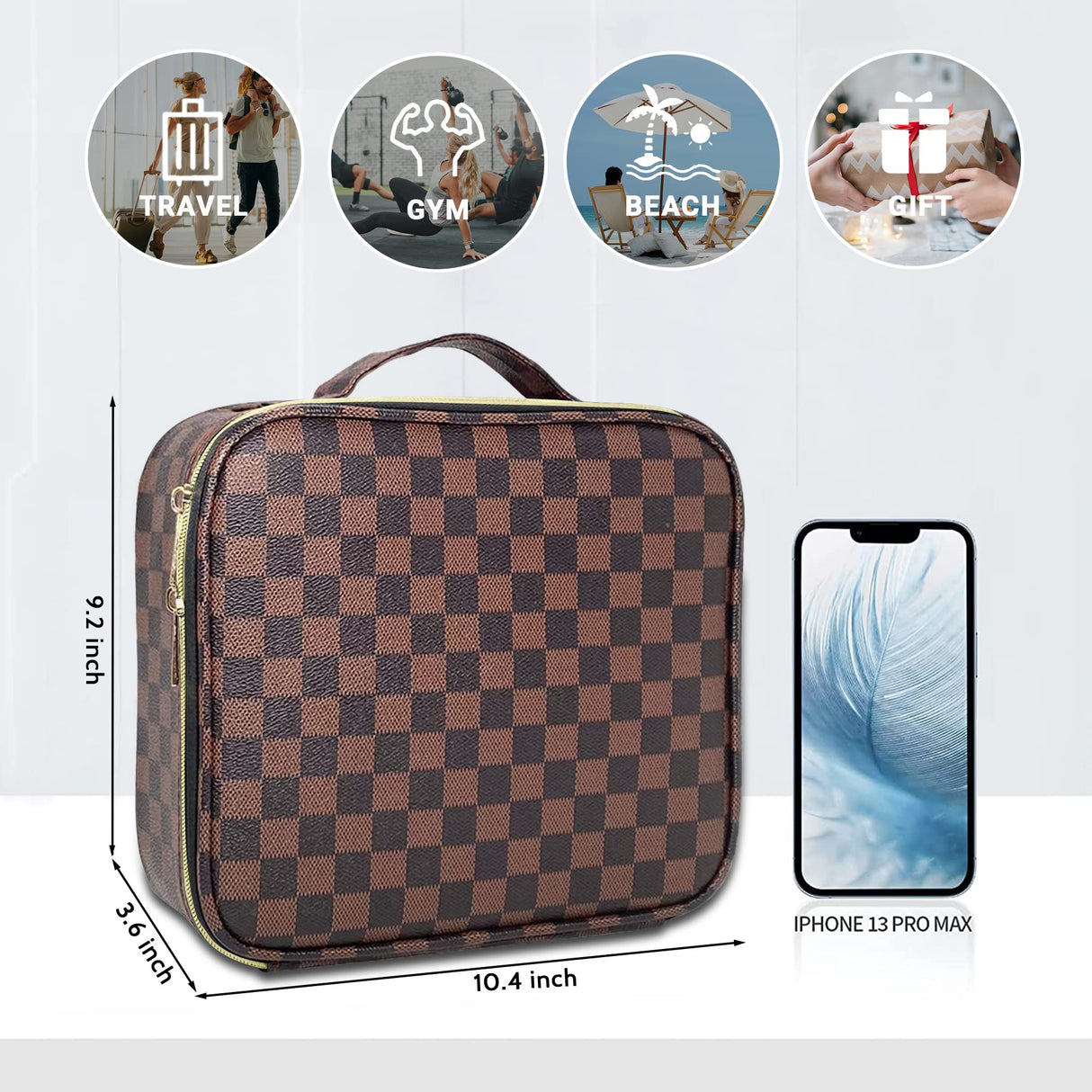 WIRIBEY Checkered Makeup Bag, Portable Makeup Bag with Adjustable Partition, Cosmetic Bags for Women Toiletry Travel Organizer Portable Make Up Bags for Christmas Birthday Gifts