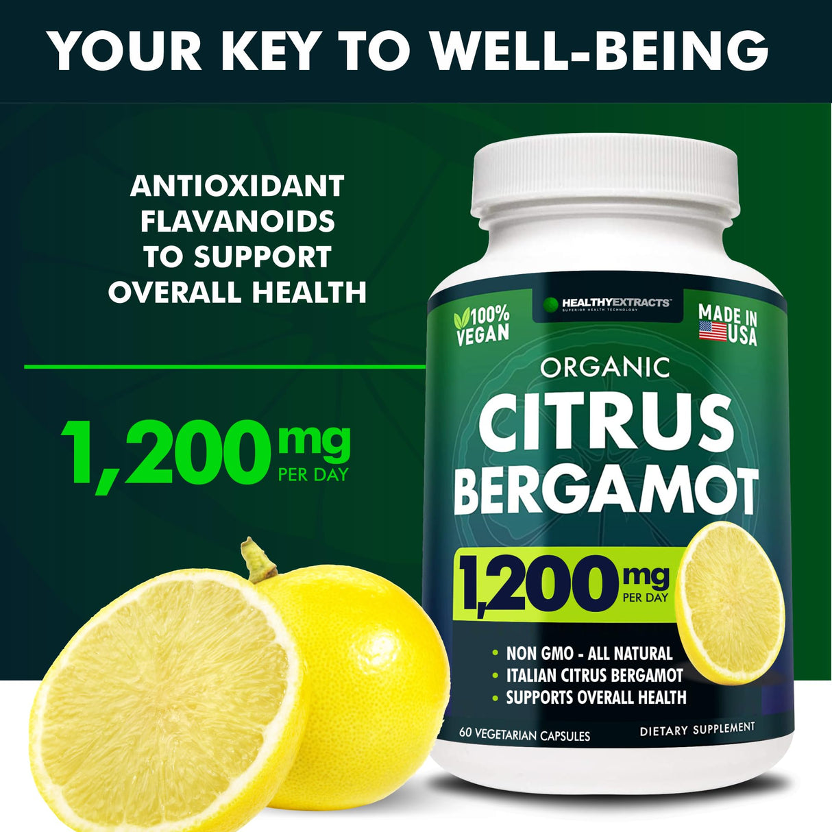 Healthy Extracts Citrus Bergamot Supplement β 150:1 Extract, 1200mg per Serving, 80% Polyphenols, Supplement for High Cholesterol, Italian Sourced, 60 Count, 1 Month Supply, Made in The USA