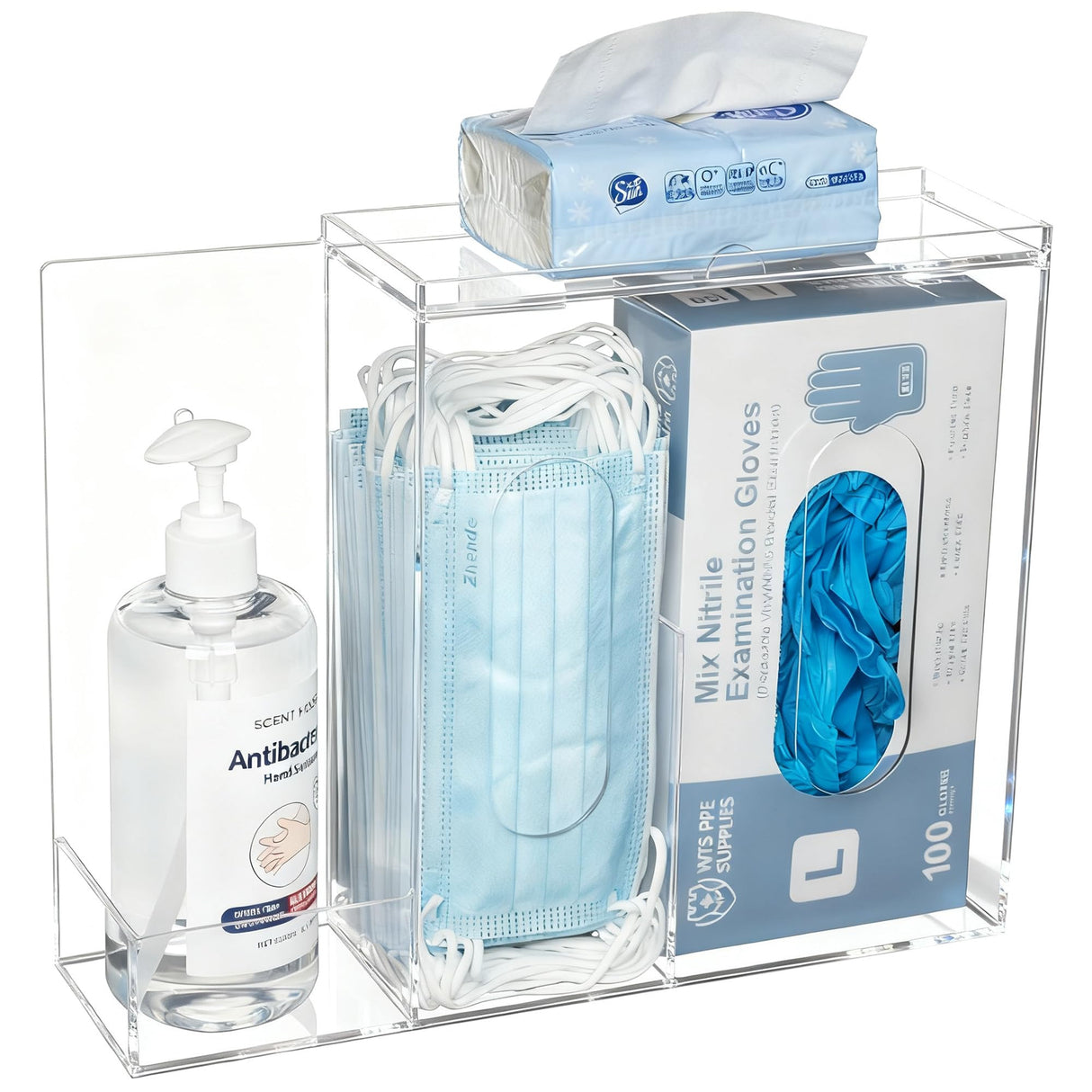 SEANADO Face Mask Dispenser 3 Compartment Acrylic Glove Box Holder Hygiene Station for Disposable Face Masks, Emesis Bag, Shoe Cover and Hairnet, Wall Mount Holes or Tabletop Holder (Clear)