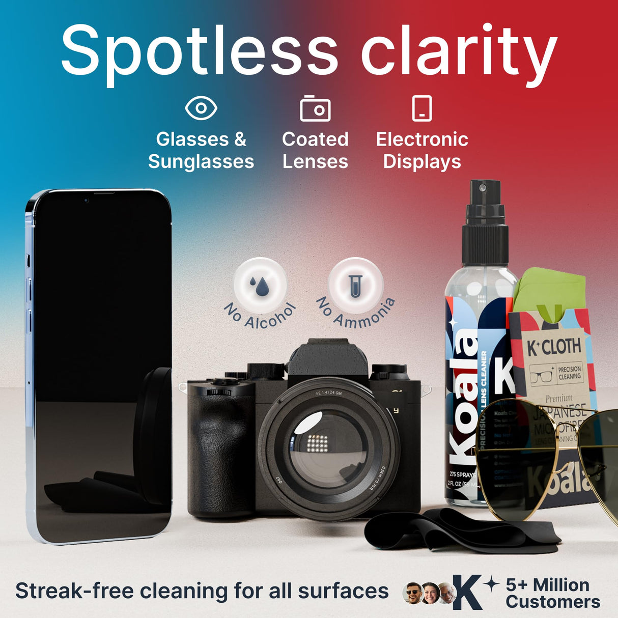 Koala Eyeglass Lens Cleaner Spray Kit | (2x) 8oz + (1x) 2oz Glasses Cleaner Bottle + (3x) Microfiber Cloth | Alcohol Free Eyeglasses, Screen, and Camera Cleaning Kit (6 Piece Set)