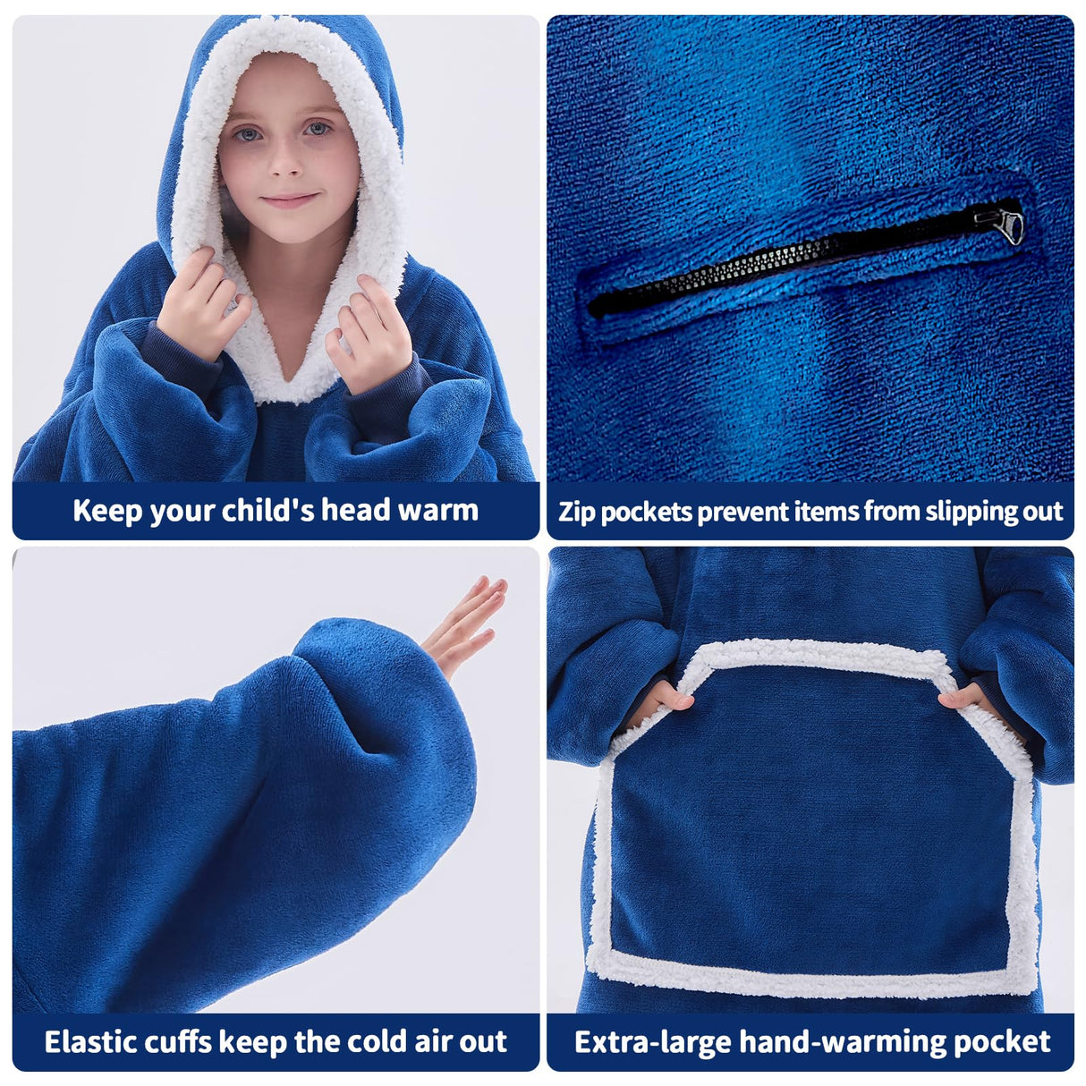 IFNOW Wearable Blanket Hoodie For Kids, Blanket Hoodie For Kids With Hood And Pockets, Girls Oversized Hoodie Blankets As Gift For Teens Girls Boys Birthday Christmas (Navyblue)