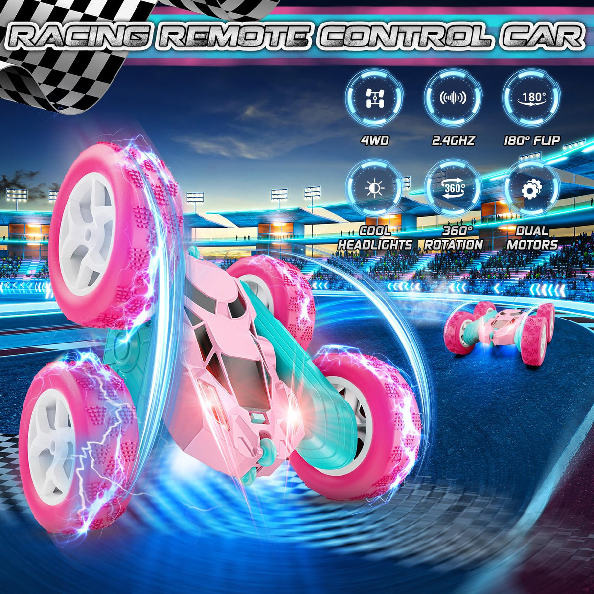 cosone Pink Remote Control Car for Girls - RC Stunt Cars with 4WD Double-Sided Driving 360° Flips Rotating, Off Road Remote Car Outdoor Toys for Kids Age 6 7 8-12, Christmas Birthday Gifts