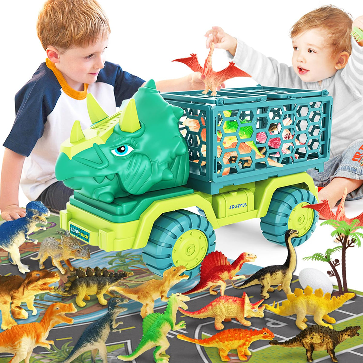 Dinosaur Truck Toys for Kids 3-5, Triceratops Car Toy with 15 Dino Figures,Large Activity Play Mat, Dinosaur Eggs, Dinosaur Play Set for Boys and Girls,Christmas Xmax,Stocking Stuffers