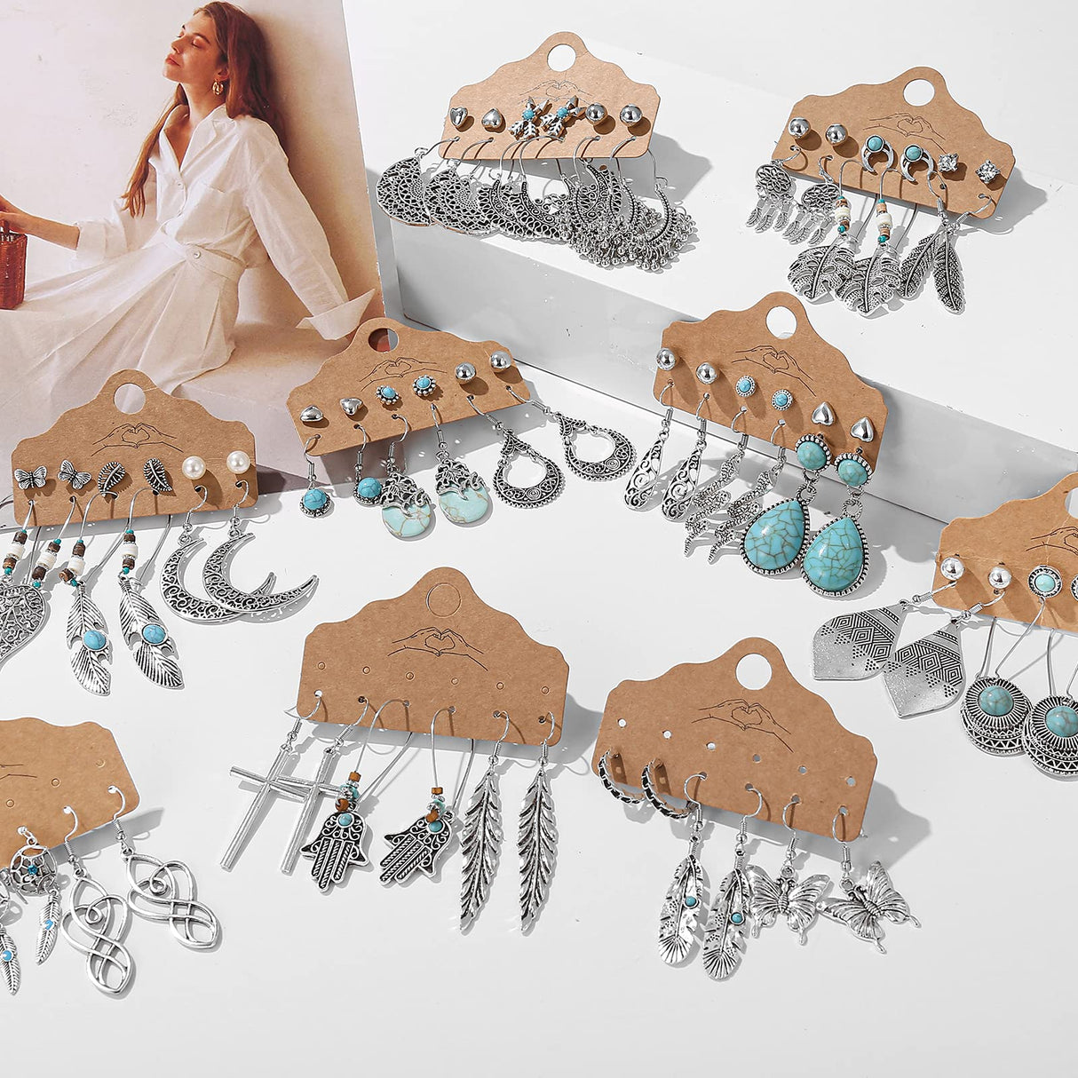 45 Pairs Big Vintage Silver Turquoise Drop Dangle Earrings Set for Women