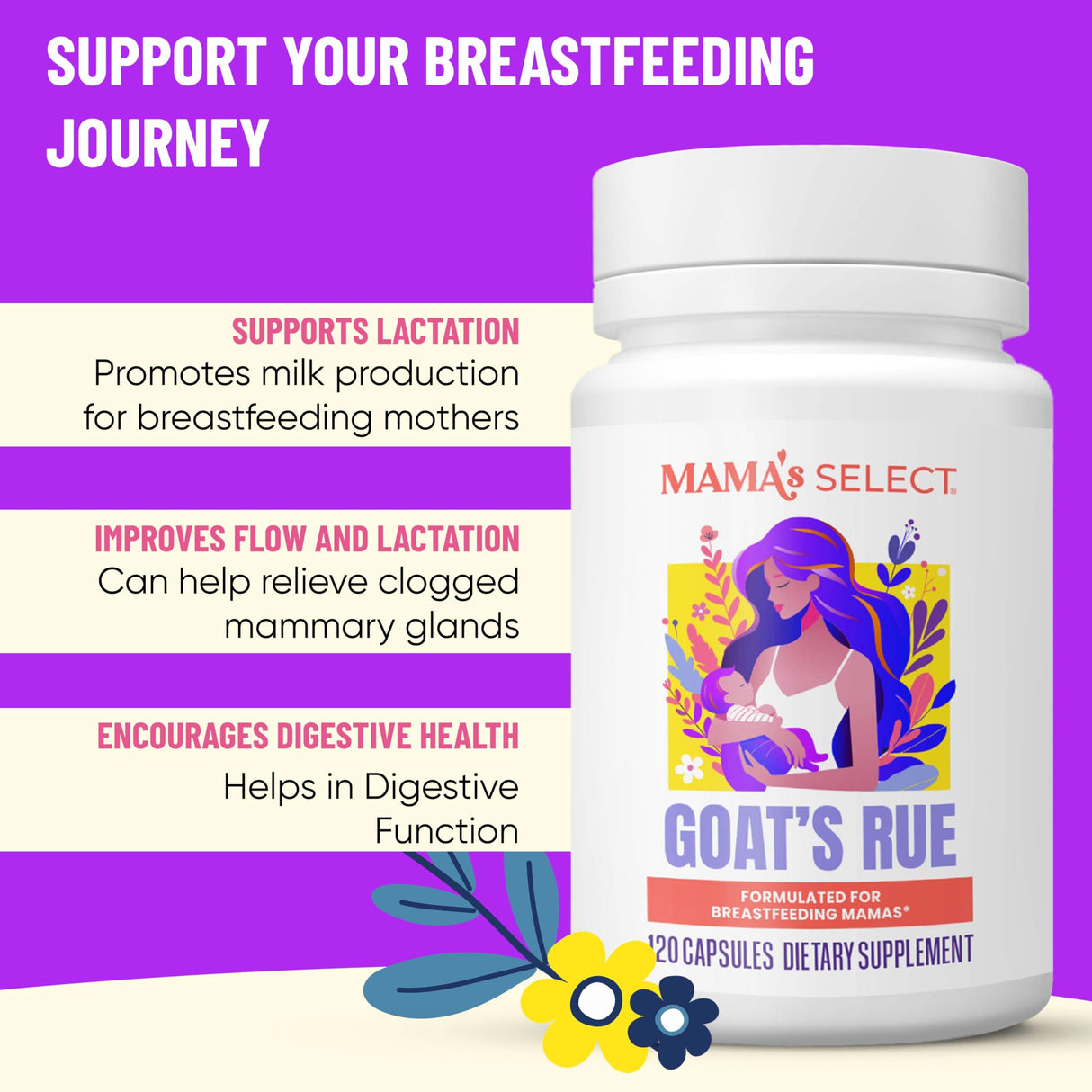 Mama's Select Organic Goat’s Rue Capsules for Breast Milk Production – Non-GMO, Vegan, Gluten- Free Lactation Support Supplement – Safe & Effective for Nursing Moms – Third-Party Tested