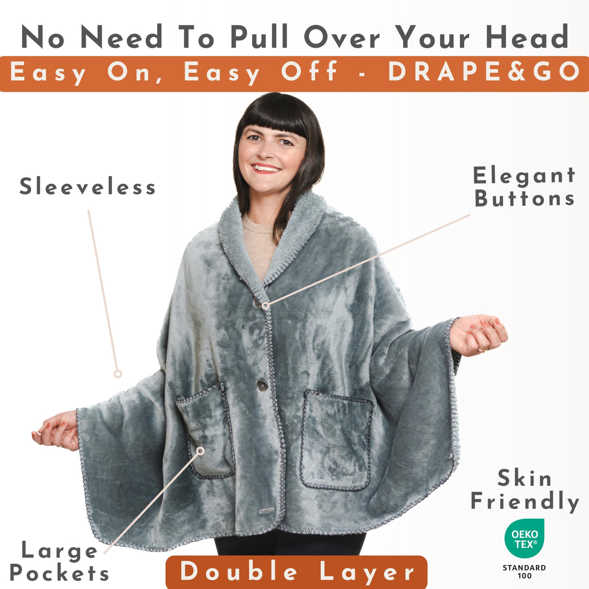 Premium Double Layer Poncho Blanket -No Sleeves Easy On Easy Off- Drape and Go- Top Christmas Gifts for Grandma, Gift for Mom and Elderly Women (Silver Grey)