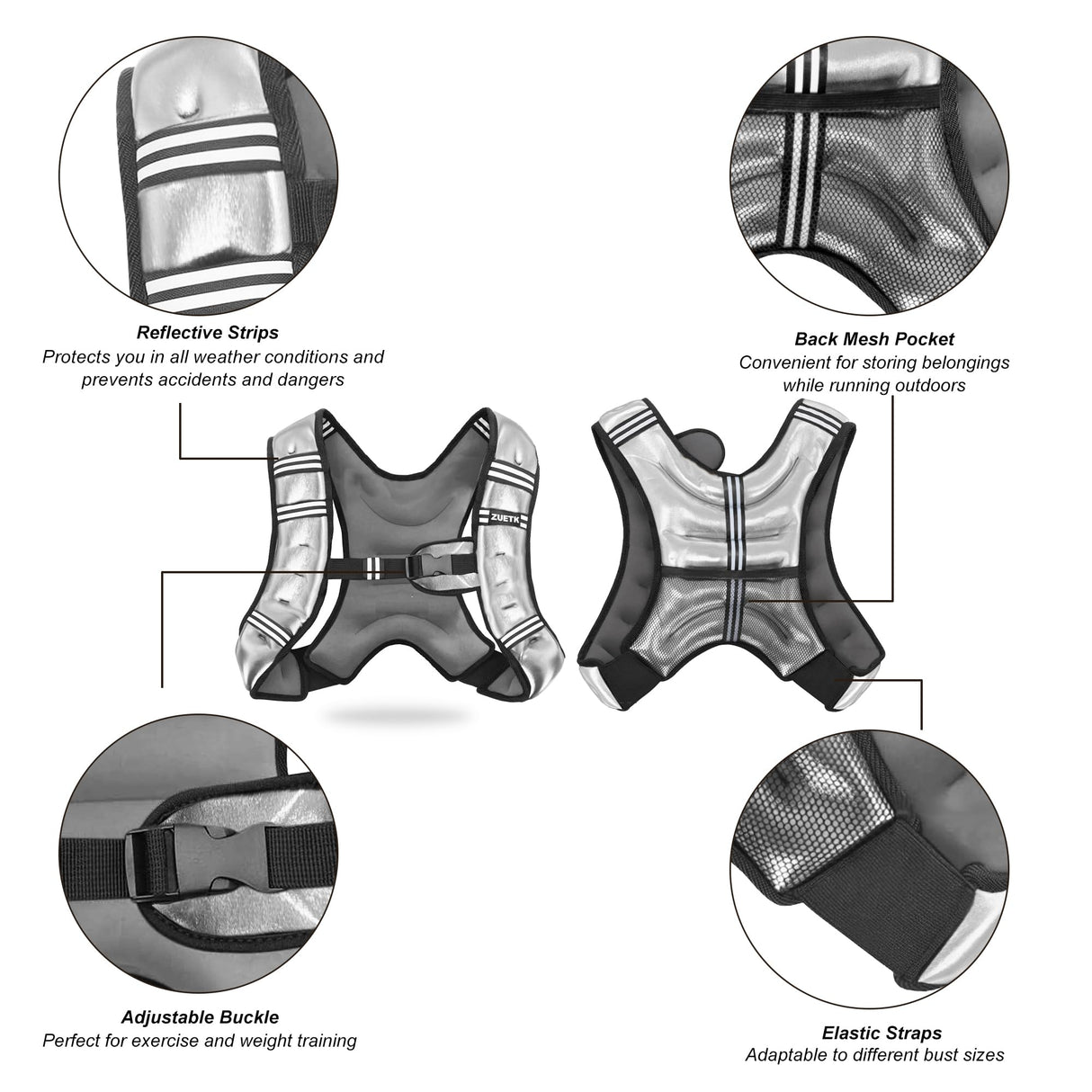 ZUETK Weighted Vest, 6lb/8lb/12lb/16lb Weight Vest with Reflective Stripe, Weighted Vest for Men Women Workout Equipment for Strength Training, Running, Jogging, Fitness, Weight Loss