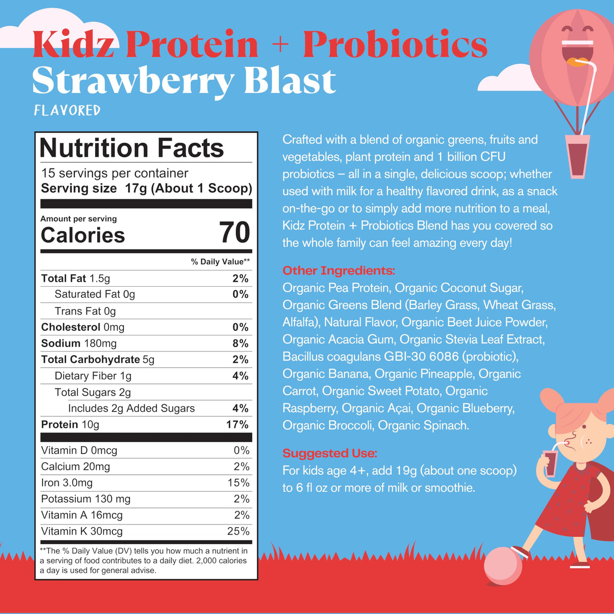 Amazing Grass Kidz Superfood: Vegan Protein & Probiotics for Kids with Beet Root Powder & 1/2 Cup of Leafy Greens, Strawberry Blast, 15 Servings