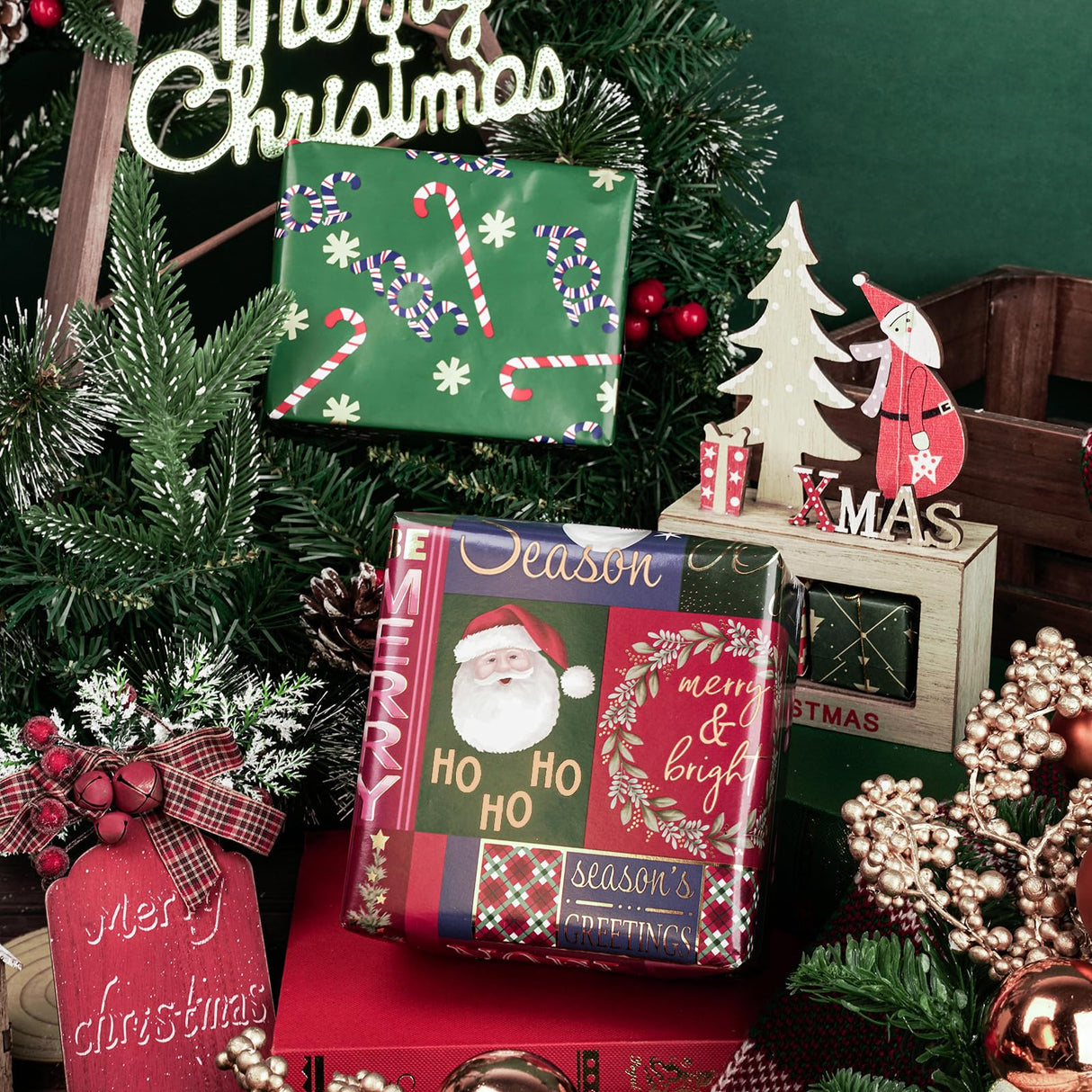 RUSPEPA 30" X 32.8' Reversible Christmas Wrapping Paper Large Paper Roll, Jumbo Roll, Santa Claus, Snowman and Candy Cane Design Gift Wrap for Kids, Friends, Family, Xmas Holiday Gifts