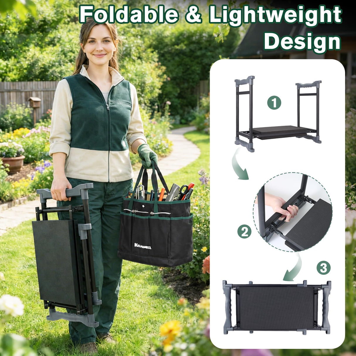 KELHOMECL Garden Kneeler and Seat - Extra Wide Thick EVA Pad, Heavy Duty Foldable Garden Bench Holds 350lbs, 2-in-1 Gardening Stool with Detachable Tool Bags, Gardening Gifts for Women, Men & Seniors