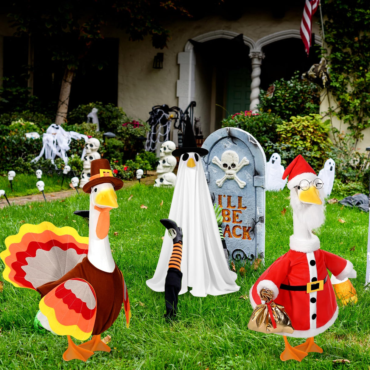 JcHrmers 3 Sets Porch Goose Outfits Halloween Thanksgiving Christmas Goose Outfit Lawn Porch Goose Clothes Fits 23" Cement Plastic Goose Statue for Outdoor Garden Yard Patio Statue Art Decor