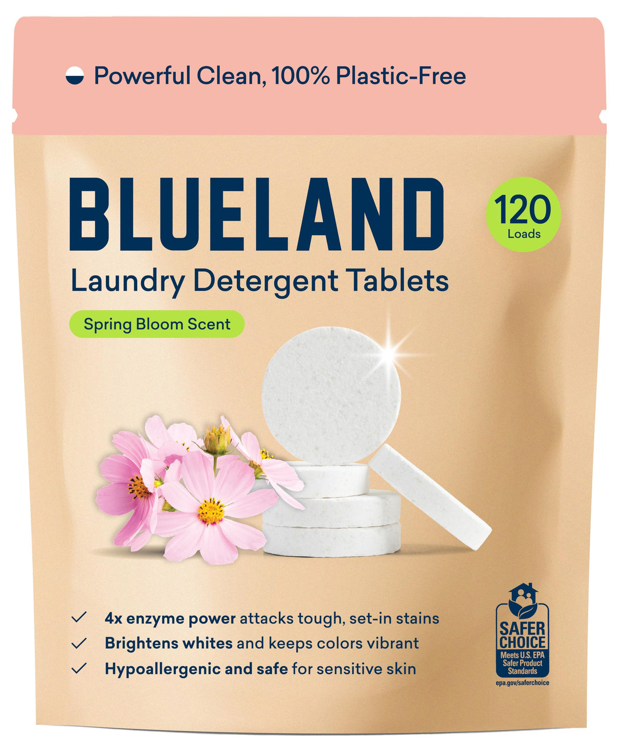BLUELAND Laundry Detergent Tablets, 120 Count, Spring Bloom Scent, Plastic-Free Eco-Friendly Pods, Sheets, Liquid Alternative - Natural, Gentle, Non Toxic
