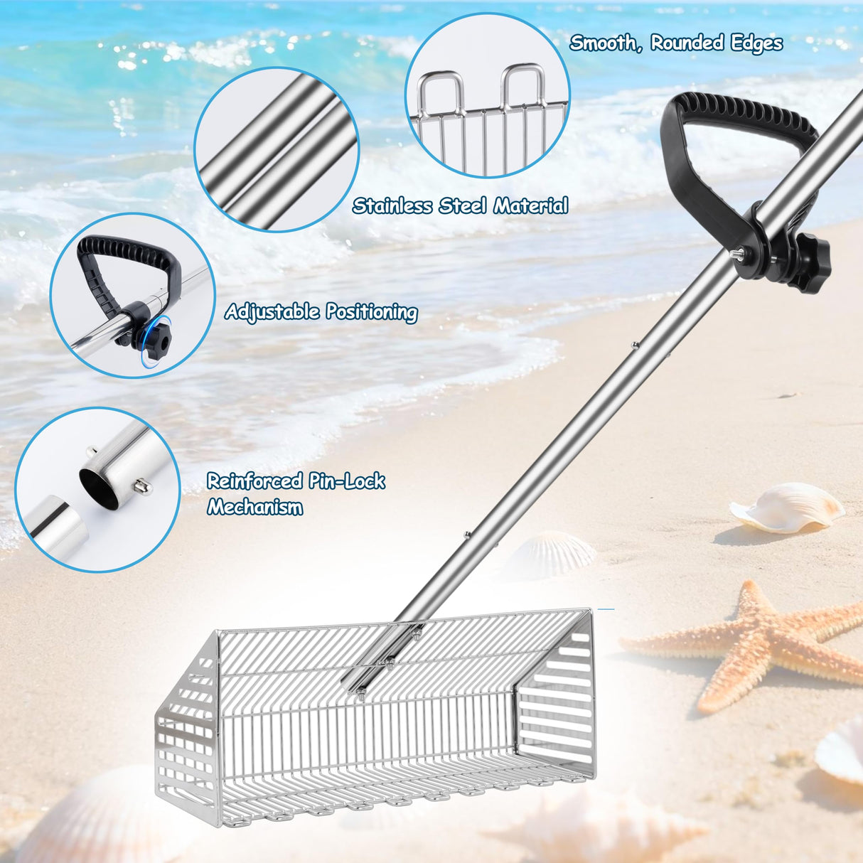 MarchingGreen Sand Flea Rake for Beach: 70in Handle Stainless Steel Rake