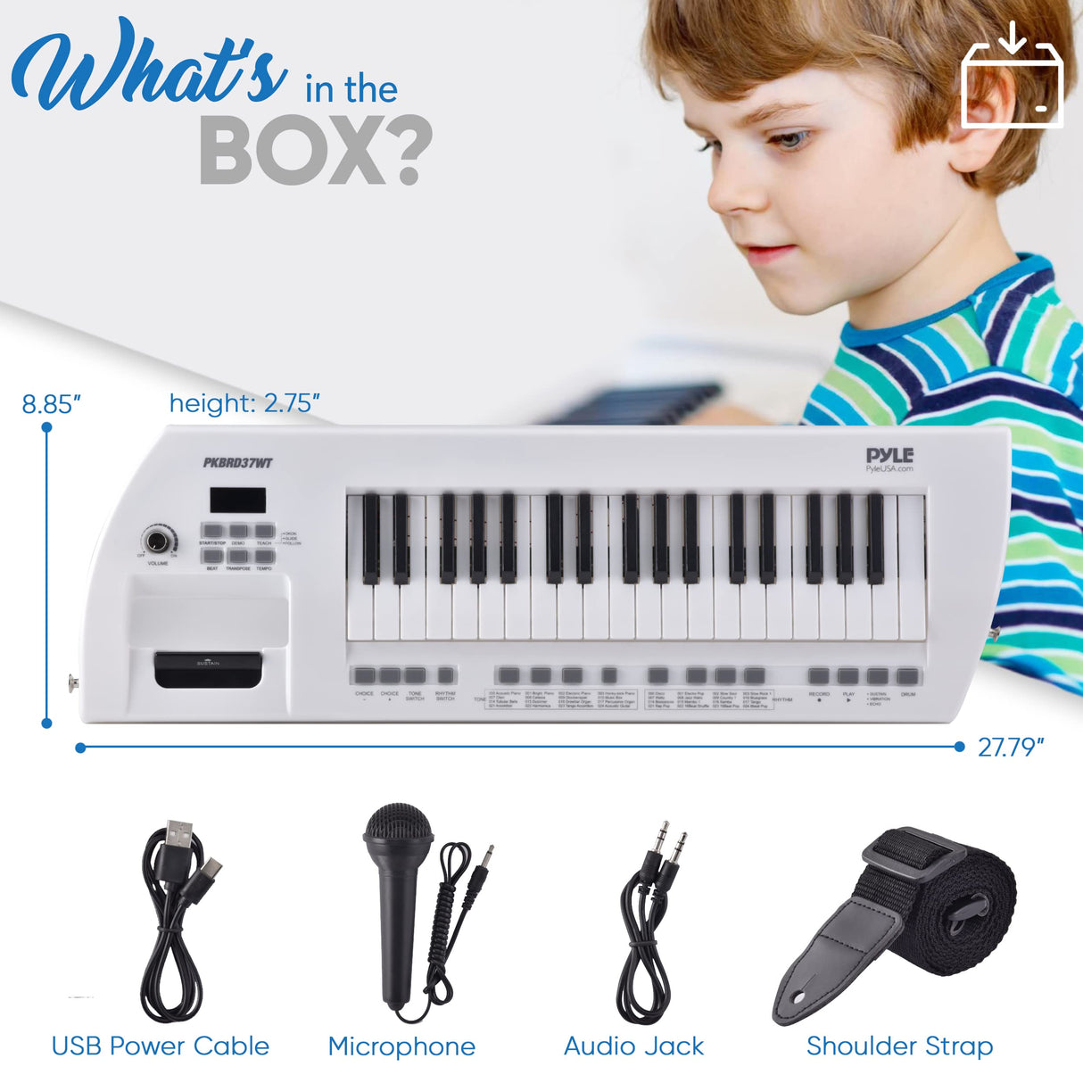 Pyle, Portable Digital Electronic Keyboard Piano 37 Keys with Microphone & Carry Strap, Built-in Sustain Controller, Rechargeable Battery-Karaoke Keyboard Compact Musical Keytar White