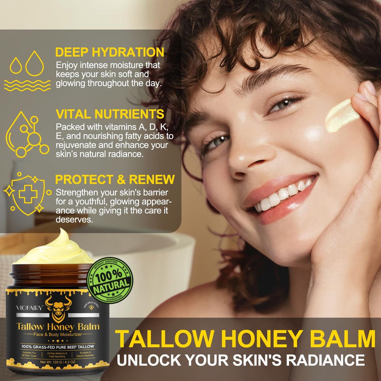 KZUO Beef Tallow for skin, Beef Tallow, Hydrating Tallow Balm with Raw Honey and Beeswax, Grass-Fed Beef Tallow & Raw Wild Honey Blend, Body & Face Moisturizer, Natural Formula