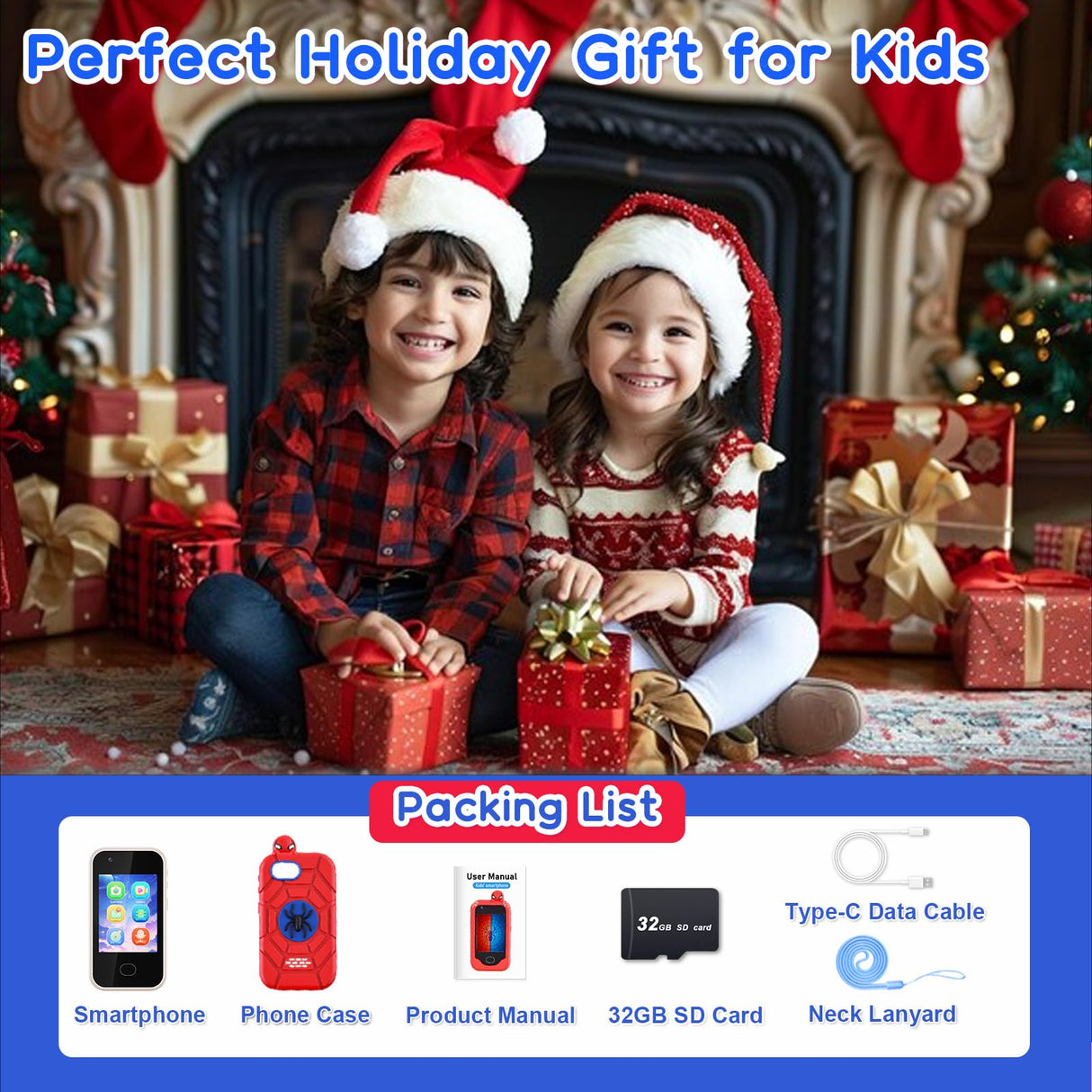 Gocina Kids Smart Phone, Toddler Christmas Birthday Gift for Age 3-10, Touchscreen Kids Cell Phone Toy with Cameras, Learning, Music, Games and 32 GB Card