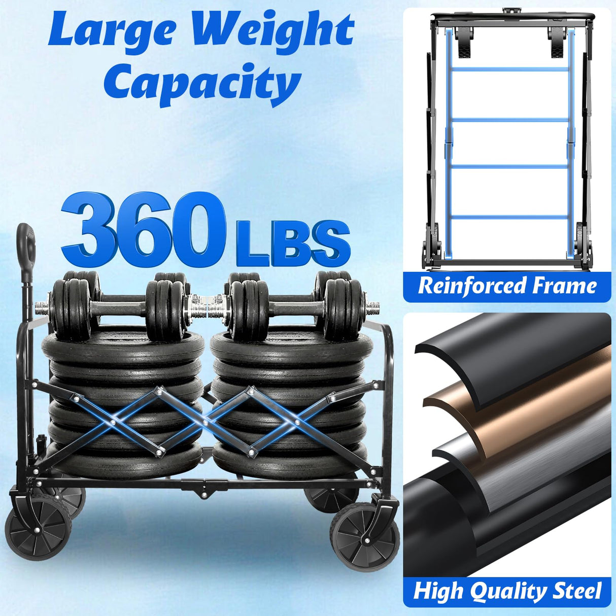 Wagons Cart Foldable, 360 Lbs with Adjustable Handle, Black Lightweight Portable, Collapsible Wagon for Beach Trip, Camping, Shopping, Sports, Travel, Picnic and Grocery (Black)