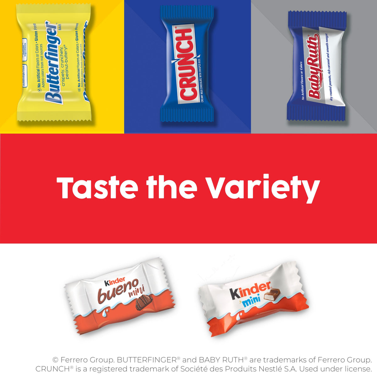 Butterfinger, CRUNCH, Baby Ruth, 100 Grand, Kinder Bueno, Kinder Chocolate, Halloween Candy Fun Size, 130 Minis, 36.9 oz
