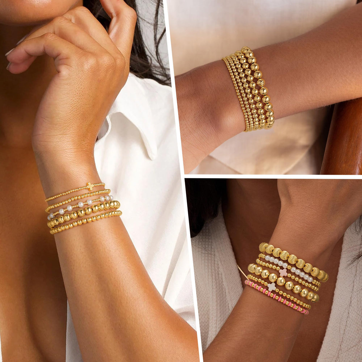 Yoosteel Gold Beaded Bracelets Set for Women Teen Girls - 14k Gold-Plated Dainty Beaded Cross Pearl Bracelet for Women Teenage Girl Gifts Stackable Jewelry Gifts 6 Pcs