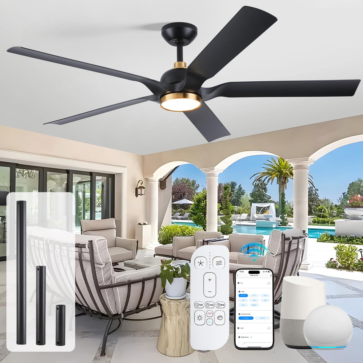 Black Gold Modern Ceiling Fans with Quiet Reversible DC Motor, Smart Ceiling Fan with Remote/App/Alexa Control, Damp-Rated Fan for Indoor Exterior Patios Porch Gazebo