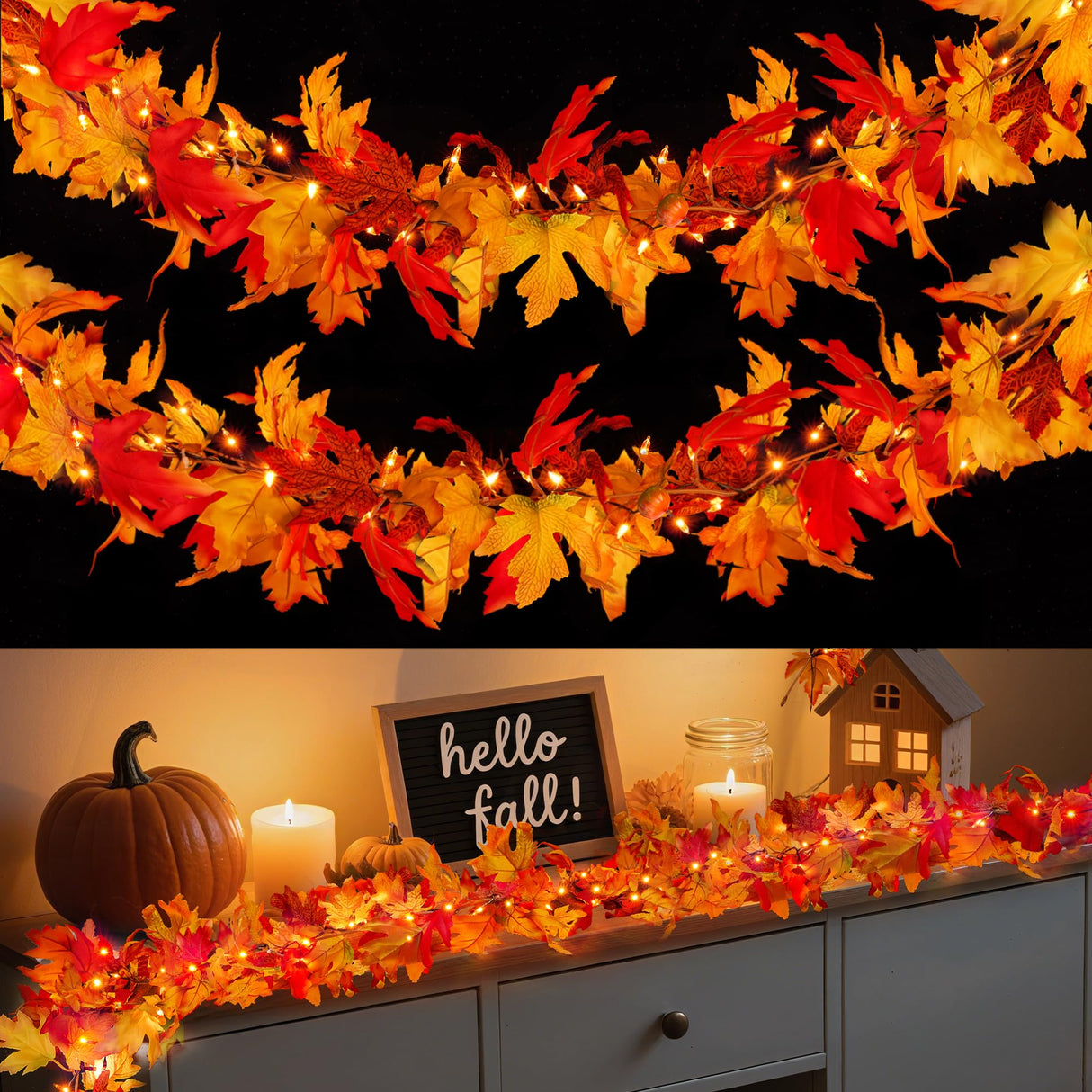 BlcTec Fall Decorations for Home 9 FT Battery Operated Fall Garland with Lights 50 LED Orange Bulbs, 6 Pumpkins, 8 Modes, Timer, Lighted Fall Maple Leaves Garland for Thanksgiving Christmas Decoration