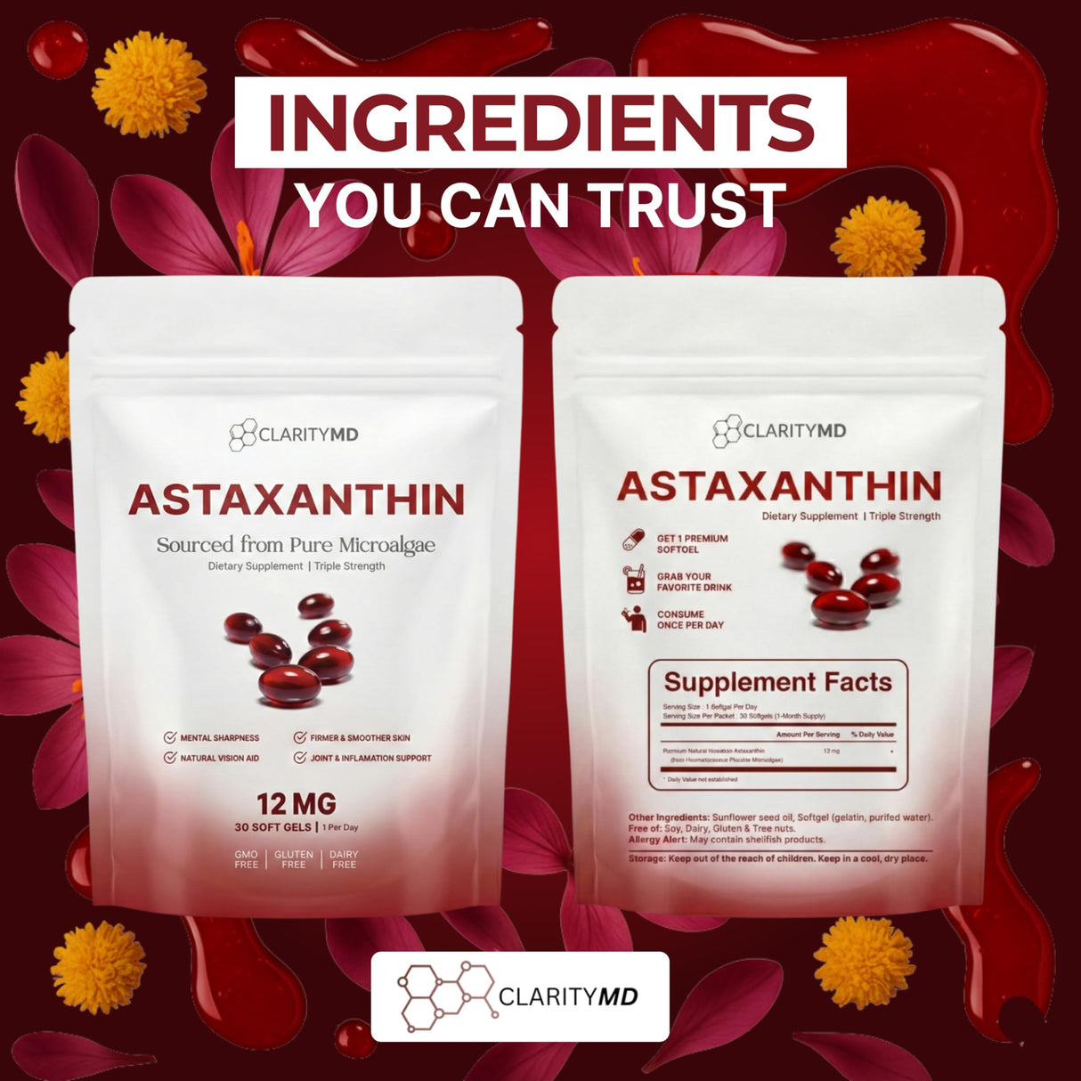 ClarityMD Astaxanthin 12mg Antioxidants Supplement – Natural Microalgae Source – Lipid-Based Softgel for Enhanced Absorption – Cognitive, Vision & Joint Support – 30 Softgels (Pack of 1)