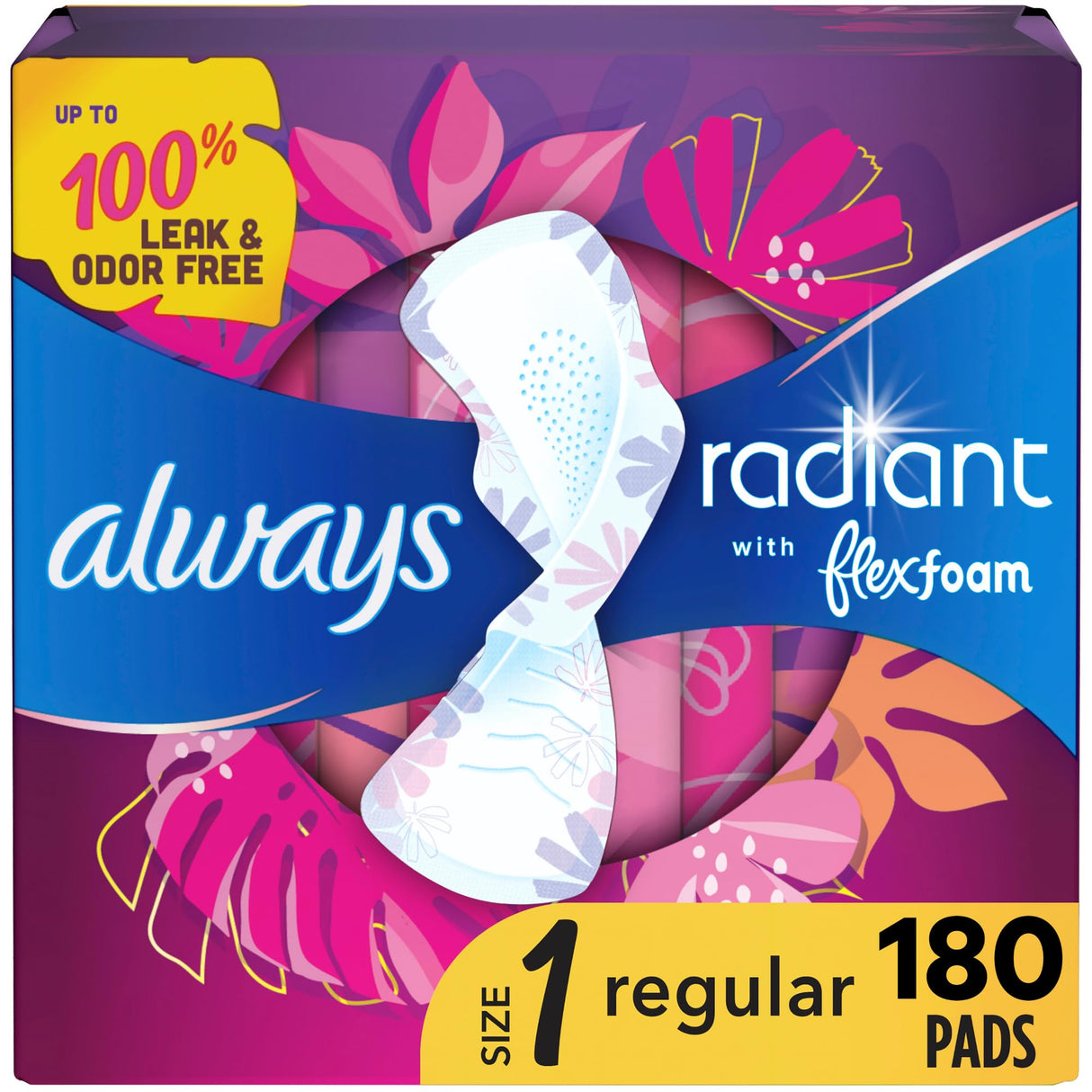 Always Radiant Feminine Pads for Women, Flexfoam Pads with Wings, Size 1, Regular Absorbency, Lightly Scented, 30 Count x 6 Packs (180 Count total) (Packaging May Vary)