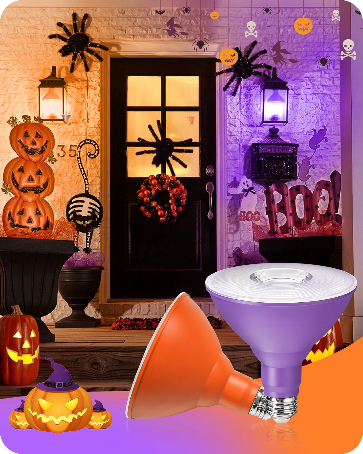 GOEBLESON 4-Set PAR38 LED Floodlights, Purple and Orange LED Bulbs, 18W Dimmable (120W Equiv.), E26 Base, Festival-Ready for Halloween, Christmas and Creative Parties, GZ04R3P405