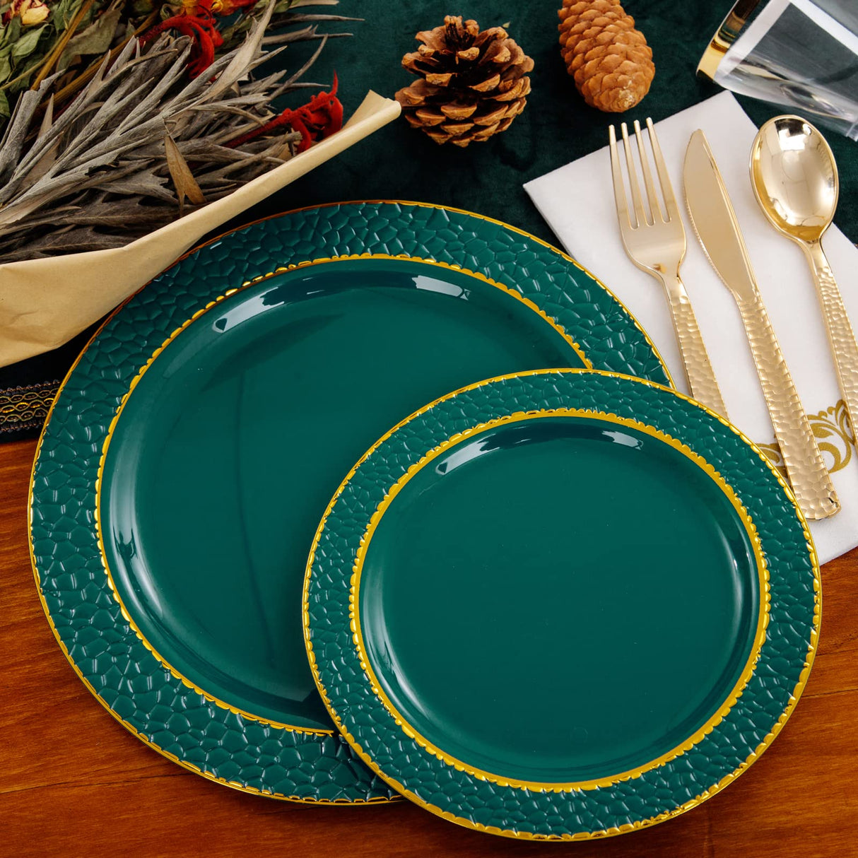 FLOWERCAT 175PCS Marrs Green Plastic Plates with Gold Rim&Christmas Plates&Green and Gold plastic Plates&Gold Plastic Silverware - Ideal for Wedding,Spring Party,St. Patrick's Day