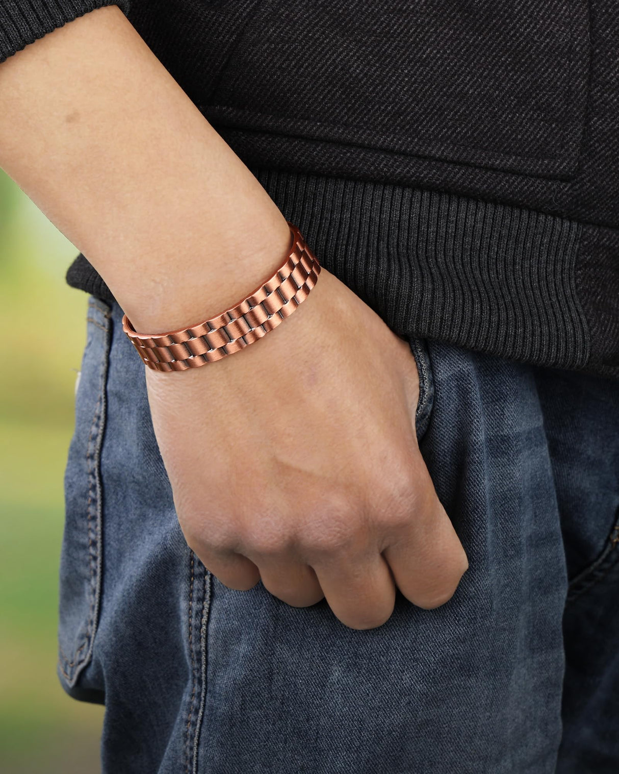 BioMag Magnetic Copper Bracelet for Men, 99.99% Pure Copper Cuff Bangle with 18 Magnets (3500 Gauss), Adjustable Size, Brick Pattern