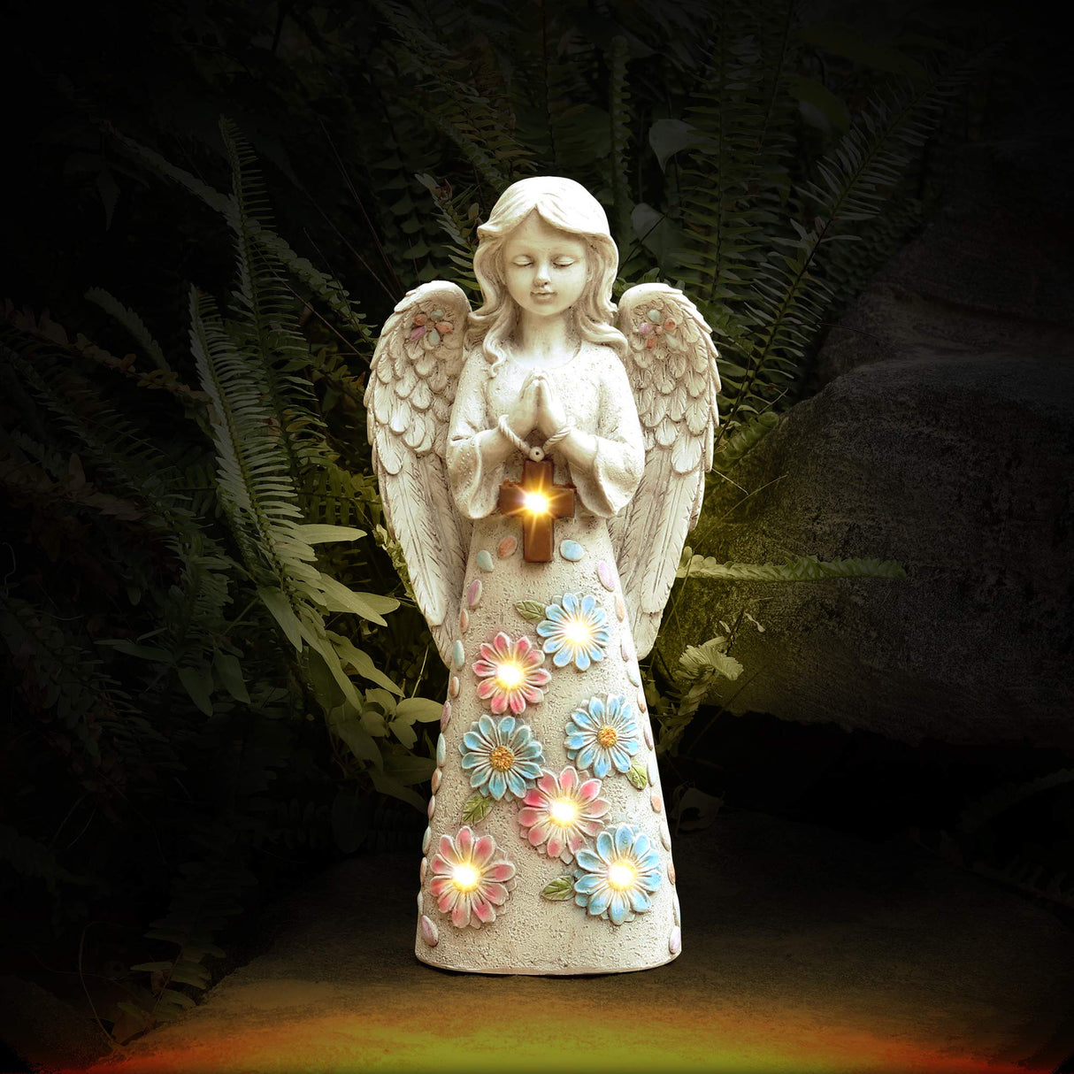 Voveexy Angel Garden Statue Outdoor Figurine, Solar Powered Garden Sculpture with 6 LEDs Resin Praying Angel Decor for Patio Lawn Yard Porch Decoration Christmas Birthday Housewarming Present 13.2” H