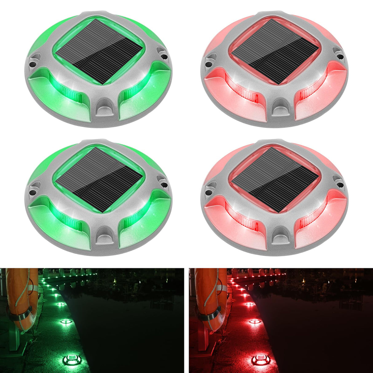 VOLISUN Christmas Solar Driveway Lights Dock Marine Lights 4 Pack,2 Colors in 1,Outdoor LED Deck Lights,Solar Powered Waterproof Warning Step Lights for Driveway Sidewalk Pathway (Red/Green)