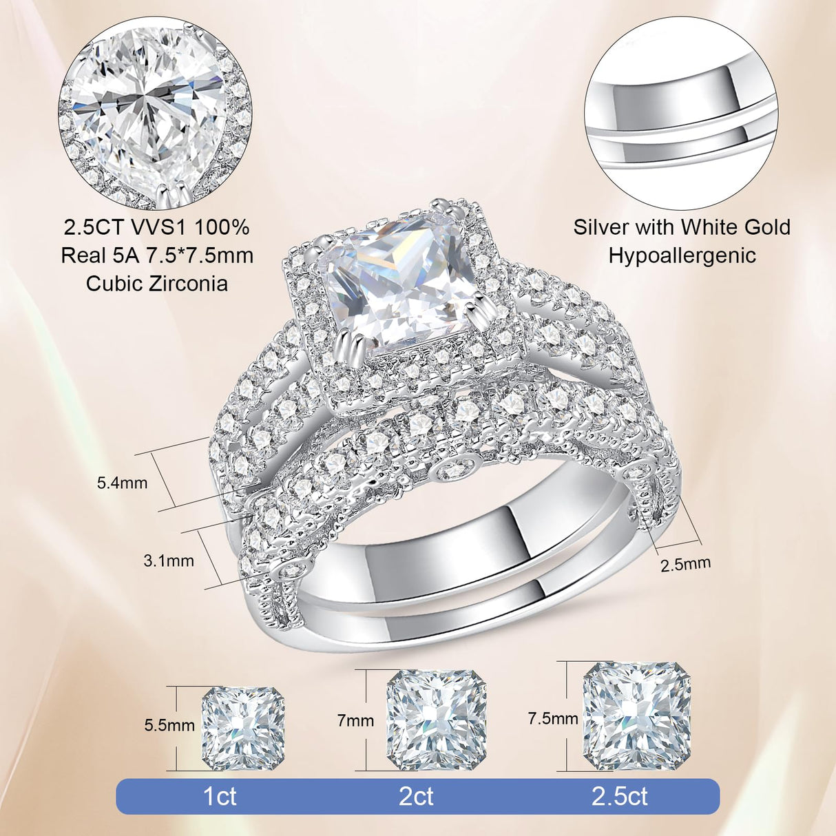 AVECON 5CT Princess Cut Engagement Ring, Promise Wedding Cubic Zirconia White Gold Plated Band Set for Women, Size 7
