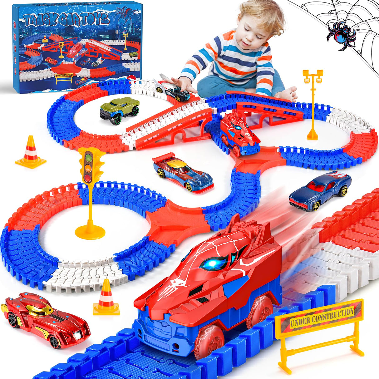 Aetyni Spider Toys for Boys 3-4: 251 PCS Spider Race Track with 5 Alloy Cars Toys for 3 4 5 6 Year Old Boys Car Tracks for Kids Toddler Boy Age 3-5 4-6 6-8 Christmas Birthday Gifts
