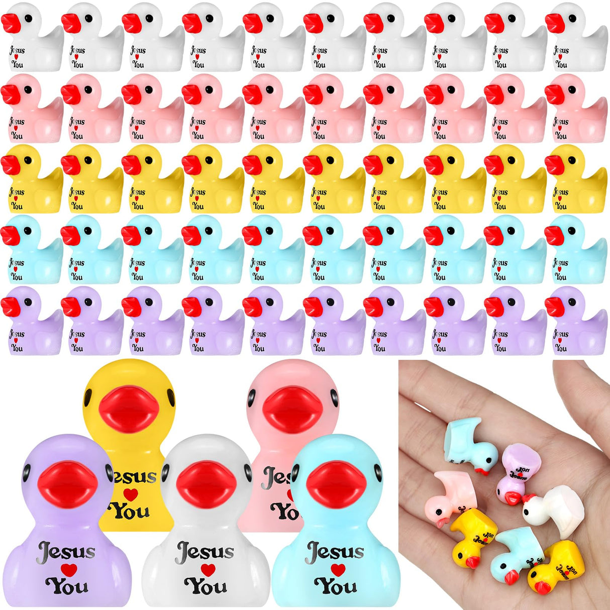 Suzile 100 Pcs Mini Jesus Resin Ducks Little Figures Bulk Jesus Loves You Christian Mini Duck Figures Duckies to Hide and Seek Religious Party Decoration for Church Baptism Sunday Reward Gifts