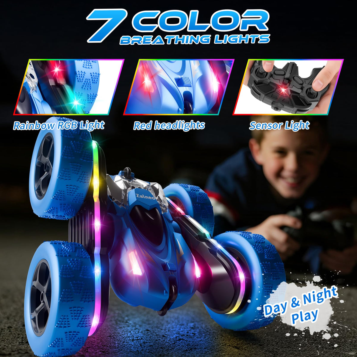 Zalneo Remote Control Stunt Car 4WD 360° Flip Double‑Sided RC Cars, LED Light Bar, USB‑C Modular Battery, 2.4 GHz Outdoor Beach Toy for Boys 6‑12 Years Old, Birthday & Christmas Kids Gift, Blue