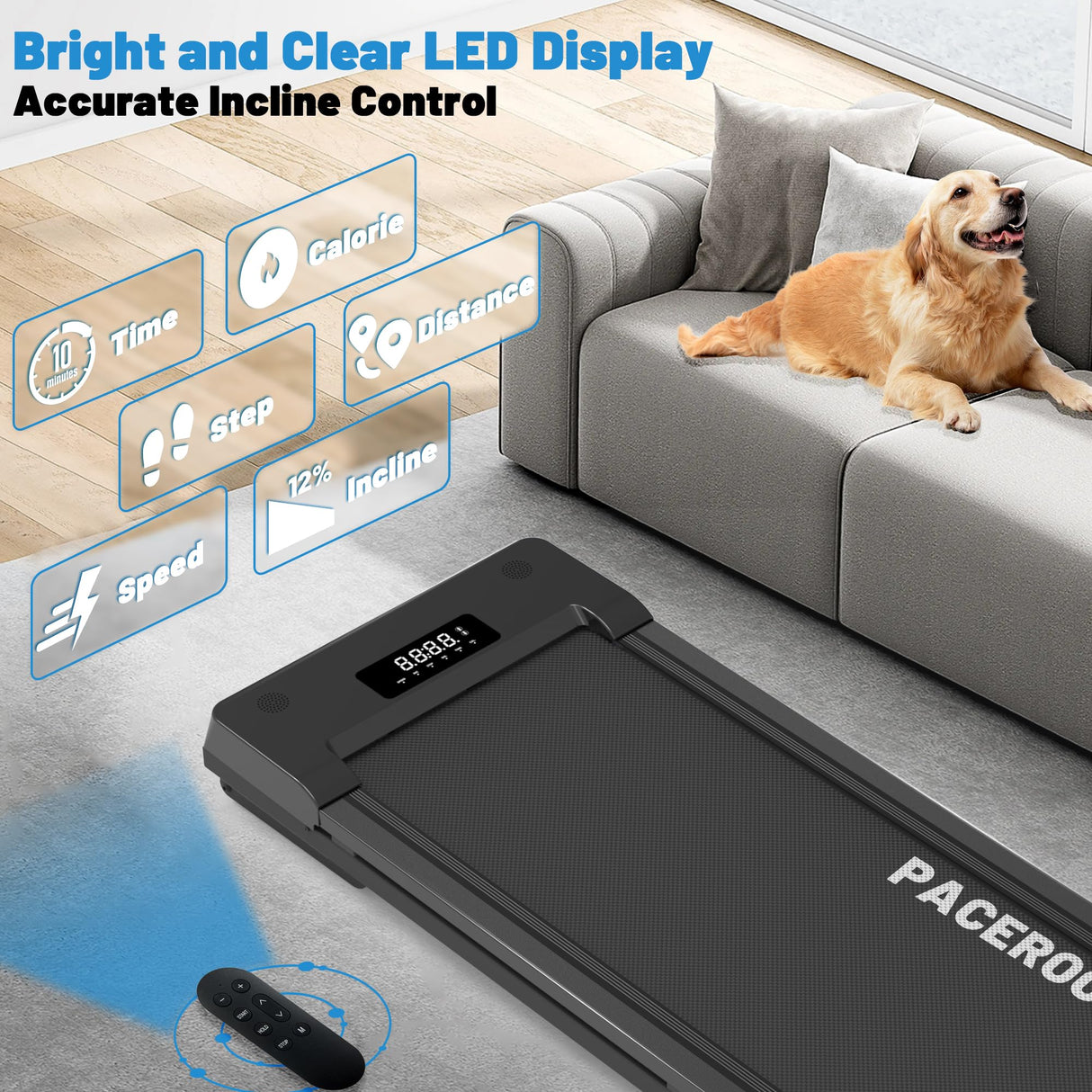 PACEROCKER Walking Pad Treadmill with 12% 9-Level Auto Incline, 450 lbs Capacity Bluetooth Speakers Under Desk Treadmills for Home Small, Hiking Mode, 5 MPH