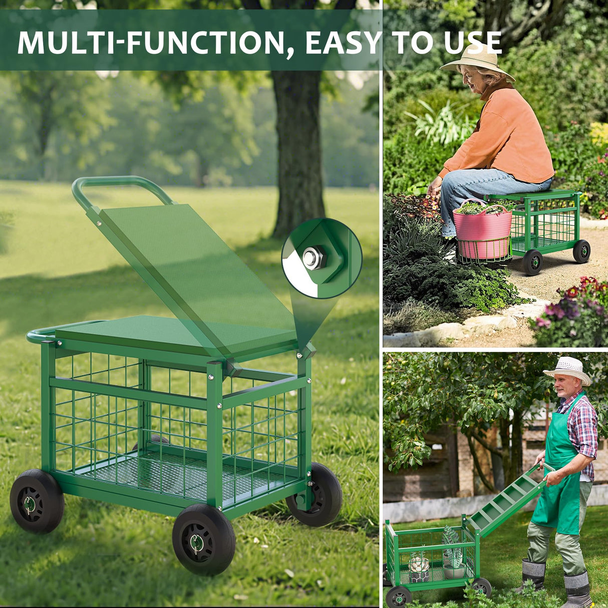 Garden Cart with Seat,3-in-1 Rolling Seat with Wheels for Seniors Gardening