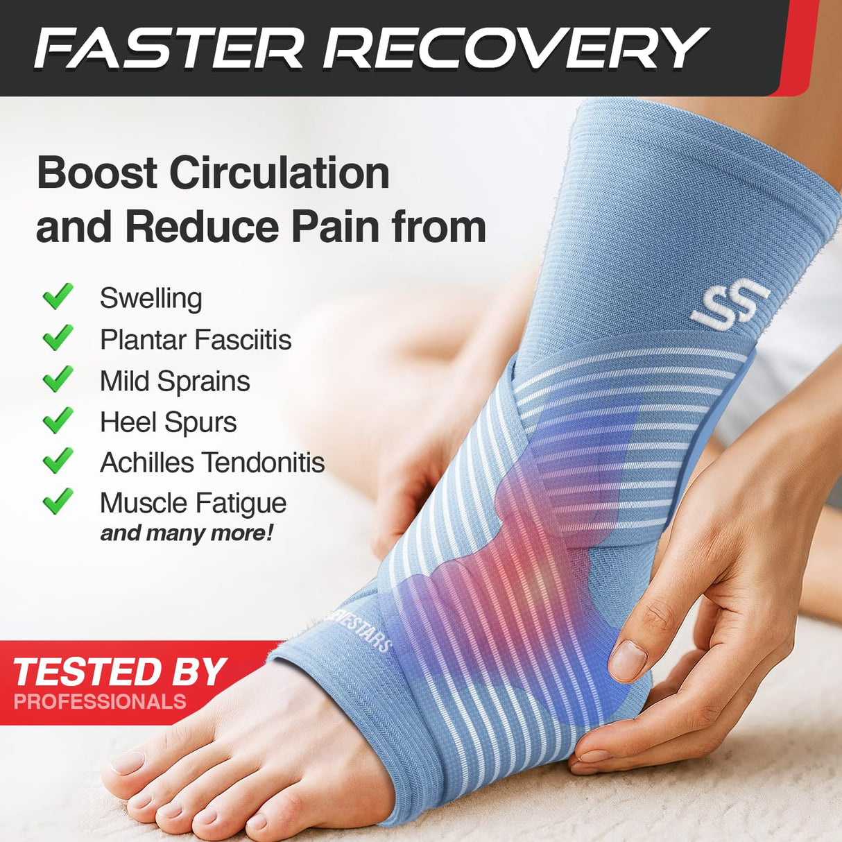 Sleeve Stars Ankle Brace for Women & Men, Ankle Wrap for Sprain, Compression Sleeve for Plantar Fasciitis Relief, Easy Customizable Support: w/ Removable Strap (Single/M:10"-12"/Light Blue)